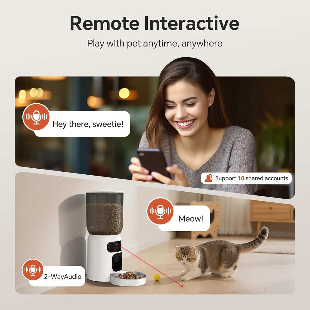 Automatic Cat Feeder with Dual 2K HD Camera, Smart Pet Food Dispenser for Timed Meals, APP Control Laser Interactive Toy Treat Feeders with 2.4G / 5G WiFi, White
