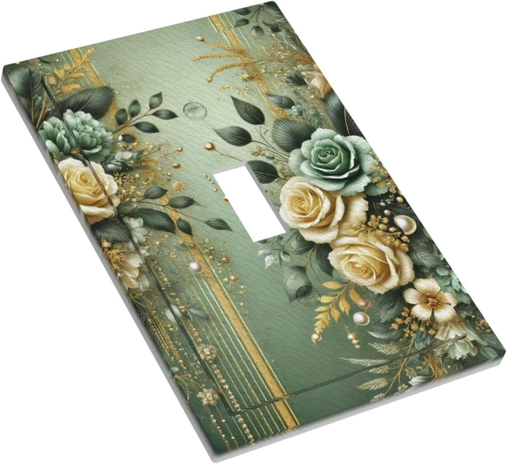Decorative Light Switch Cover Plate Rustic Green Floral Leaves Teal Flowers Gold Stripe 1 Gang Wall Plate Oversized Single Toggle Wall Cover Plate Jumbo Switchplate Faceplate