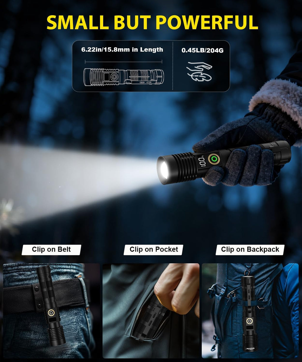 Rechargeable Flashlight High Lumens-Super Bright Magnetic Flash Light with Power Digital Display, Long Range,Dimmable,Waterproof,Pocket Handheld Tactical LED Flashlights for Emergency