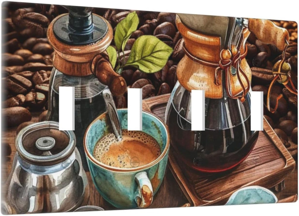 Decorative Light Switch Cover Plate Retro Coffee Maker Beans Cup 4 Gang Wall Plate Oversized Quad Toggle Switch Cover Plate Jumbo Faceplate for Kirchen Home Decor