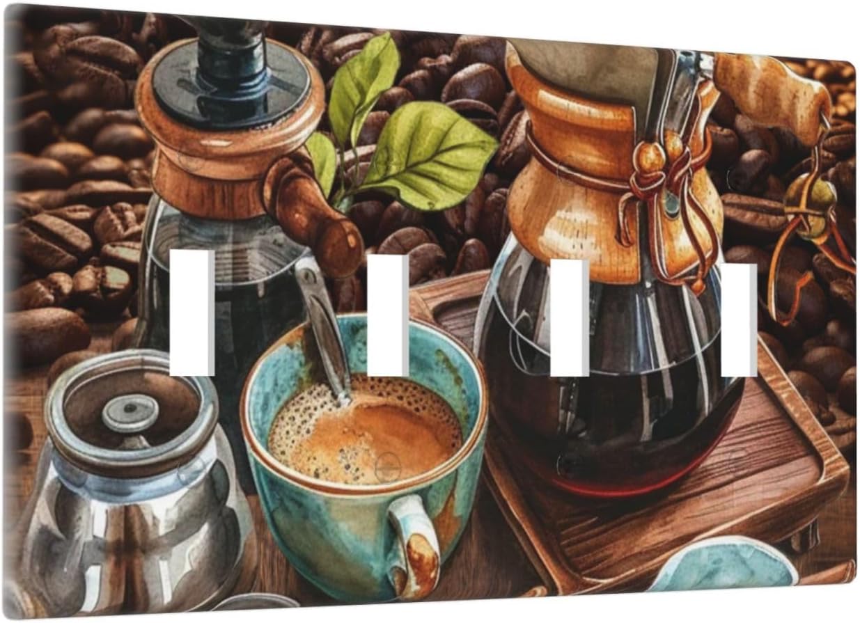 Decorative Light Switch Cover Plate Retro Coffee Maker Beans Cup 4 Gang Wall Plate Oversized Quad Toggle Switch Cover Plate Jumbo Faceplate for Kirchen Home Decor