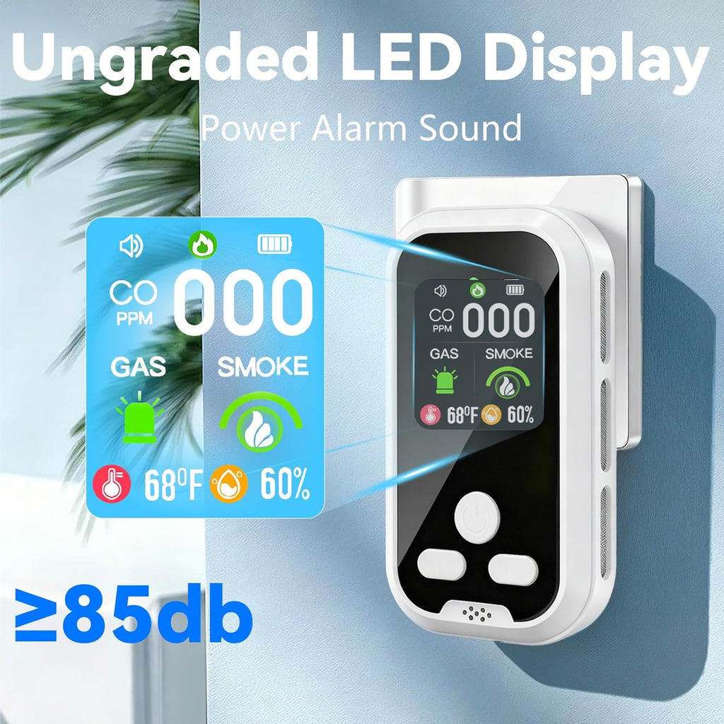 5-in-1 Carbon Monoxide Detector Combo with LCD Display, Detects CO, Natural Gas, Smoke, Temperature, Humidity for Home Hotel, Camping RV, Apartment Safety, White