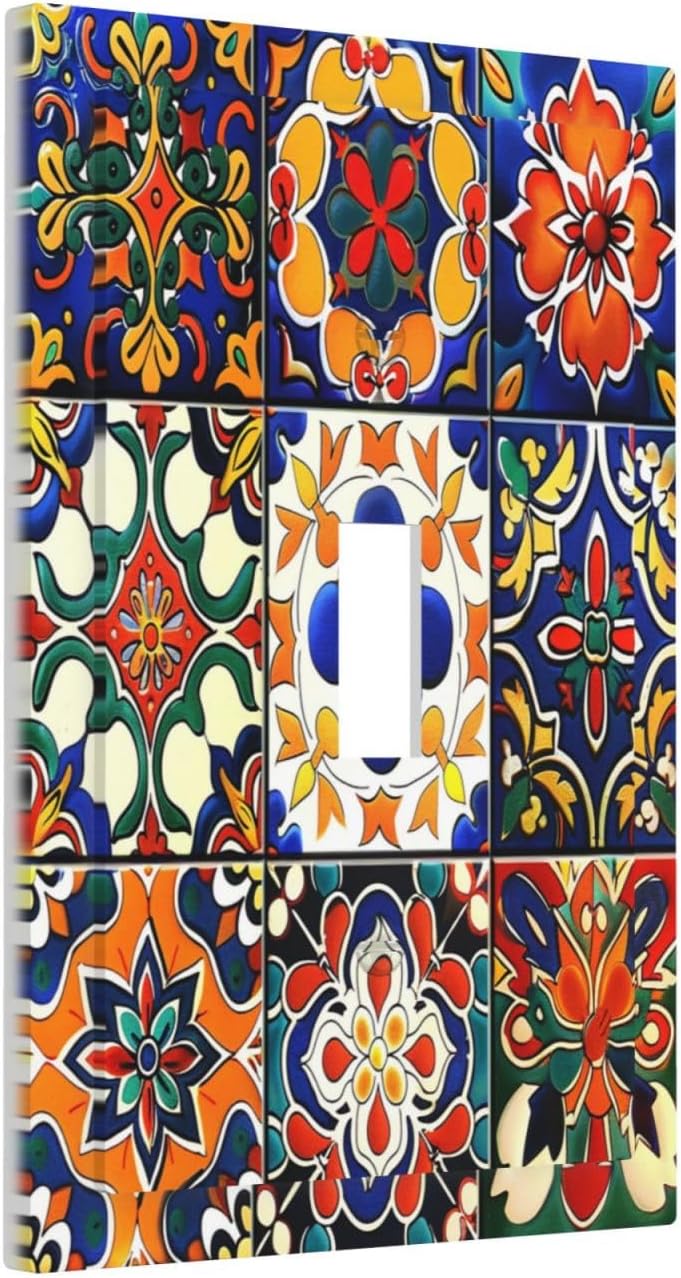 Decorative Light Switch Cover Colorful Mexican Talavera Vintage Boho Floral 1 Gang Single Toggle Device Electrical Faceplate Switchplates Decorator Outlet Wall Plate For Farmhouse