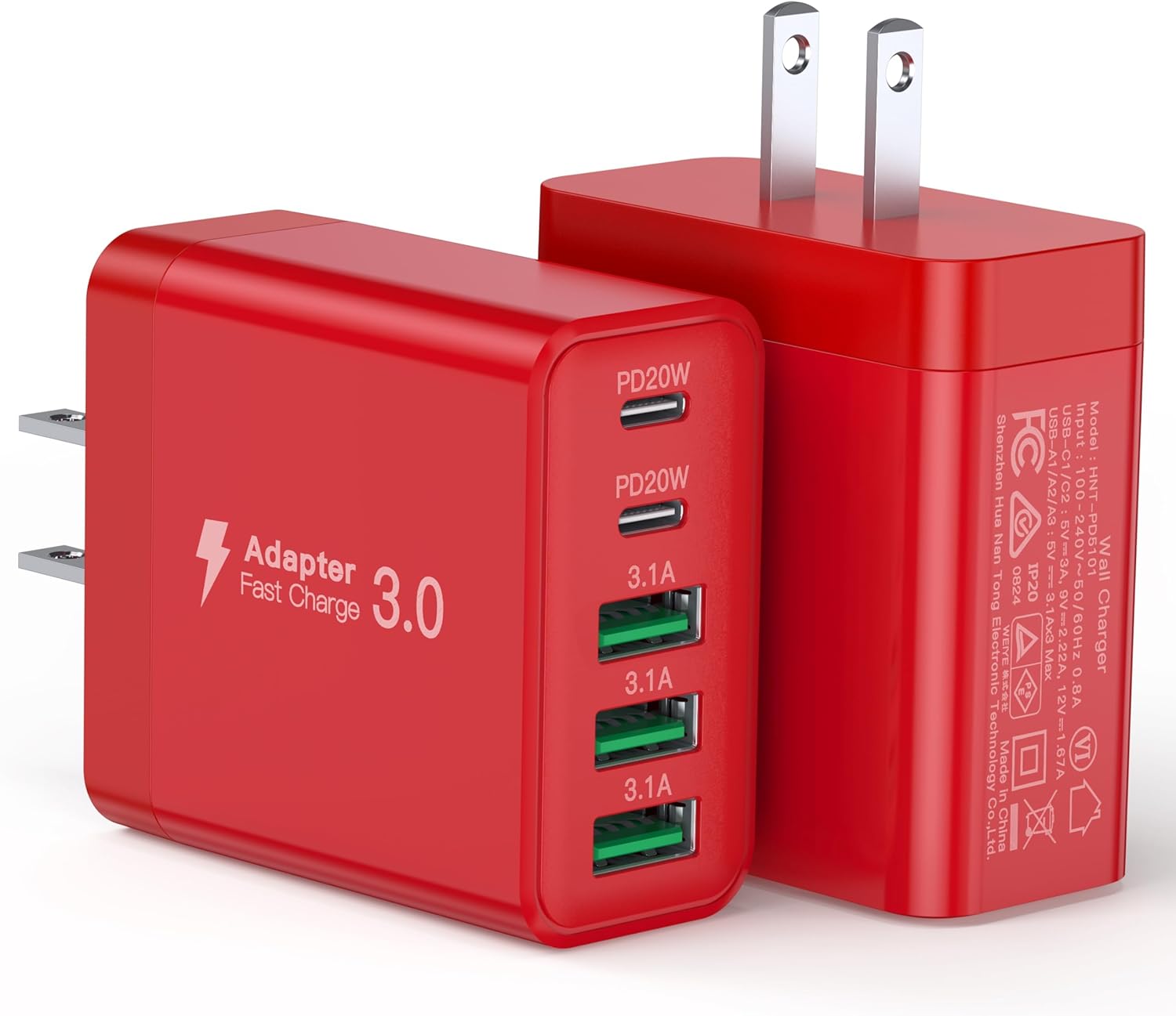 [2-Pack] USB C Wall Charger, 60W Fast USB C Charger Block, 5-Port PD Power Adapter + QC Wall Plug Multiport Type C Charging Block Cube Compatible with iPhone 17 16 15 14 13 12 Pro Max XR XS, Red