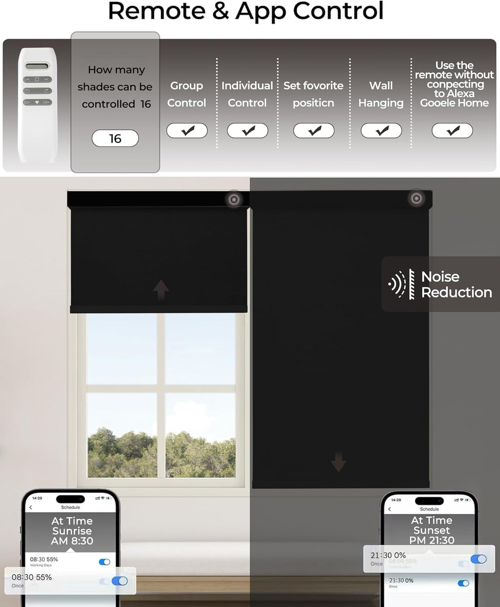 Motorized Roller Shade with Remote Control, 100% Blackout Electric Blinds for Windows with Alexa Google Home via Hub, Rechargeable Smart Automatic Customized Size（Dule Side-Black）