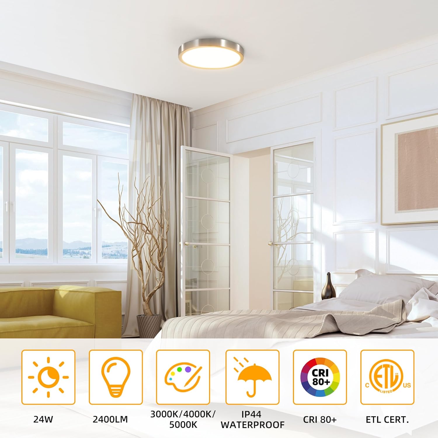 Hlite 6pack 12 inch Flush Mount LED Ceiling Light Fixture,24W 2400LM Super Slim Light Fixtures Ceiling Mount 3000K/4000K/5000K 3CCT Selectable,Light Fixtures for Kitchen,Bedroom (Nickel)