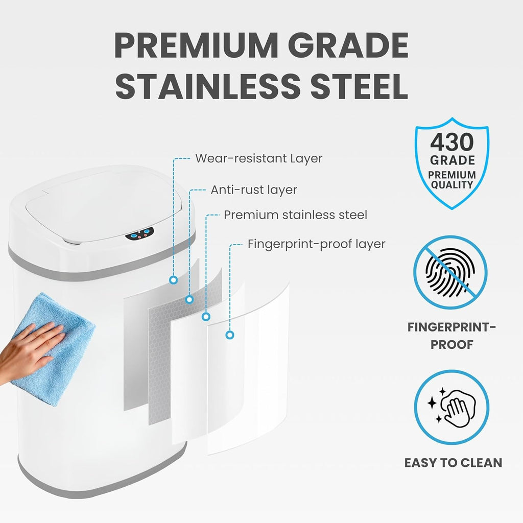 SensorCan 13 Gallon Automatic Sensor Trash Can with Lid, AC Adapter Included, AbsorbX Odor Control, Chalk White Stainless Steel Kitchen Garbage Bin, Fingerprint-Proof, Hands-Free Operation, Oval