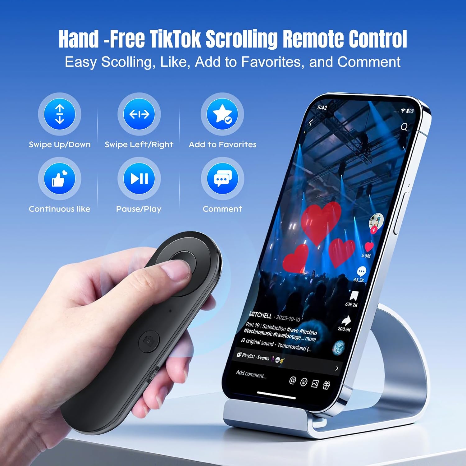 TikTok Scrolling Ring with Gesture Control- Bluetooth Phone Remote Control with Air Mouse, Ebook Page Turner, YouTube & Instagram Compatible, Camera Shutter, for iOS&Android Compatible, Black