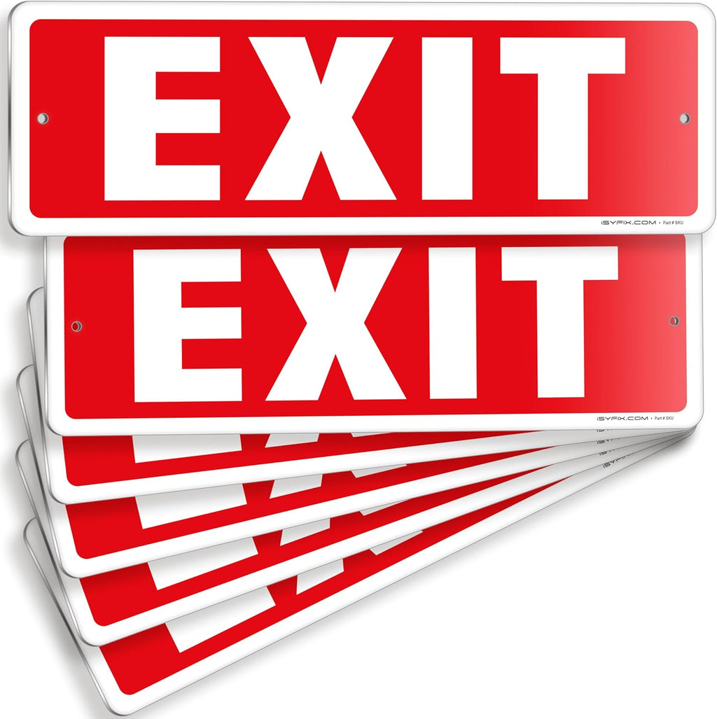 iSYFIX Exit Sign – 6 Pack 12x4 Inch – 100% Rust Free .040 Aluminum Signs, Laminated for Ultimate UV, Weather, Scratch, Water and Fade Resistance, Indoor and Outdoor, Exit Signs for Exterior.