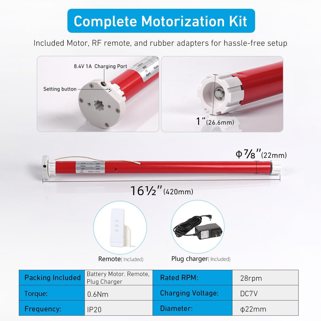 Rollerhouse 28mm(1-1/8 Inches) Round Tube Battery Roller Shade Motor Kit with Remote Control for Electric Window Blinds