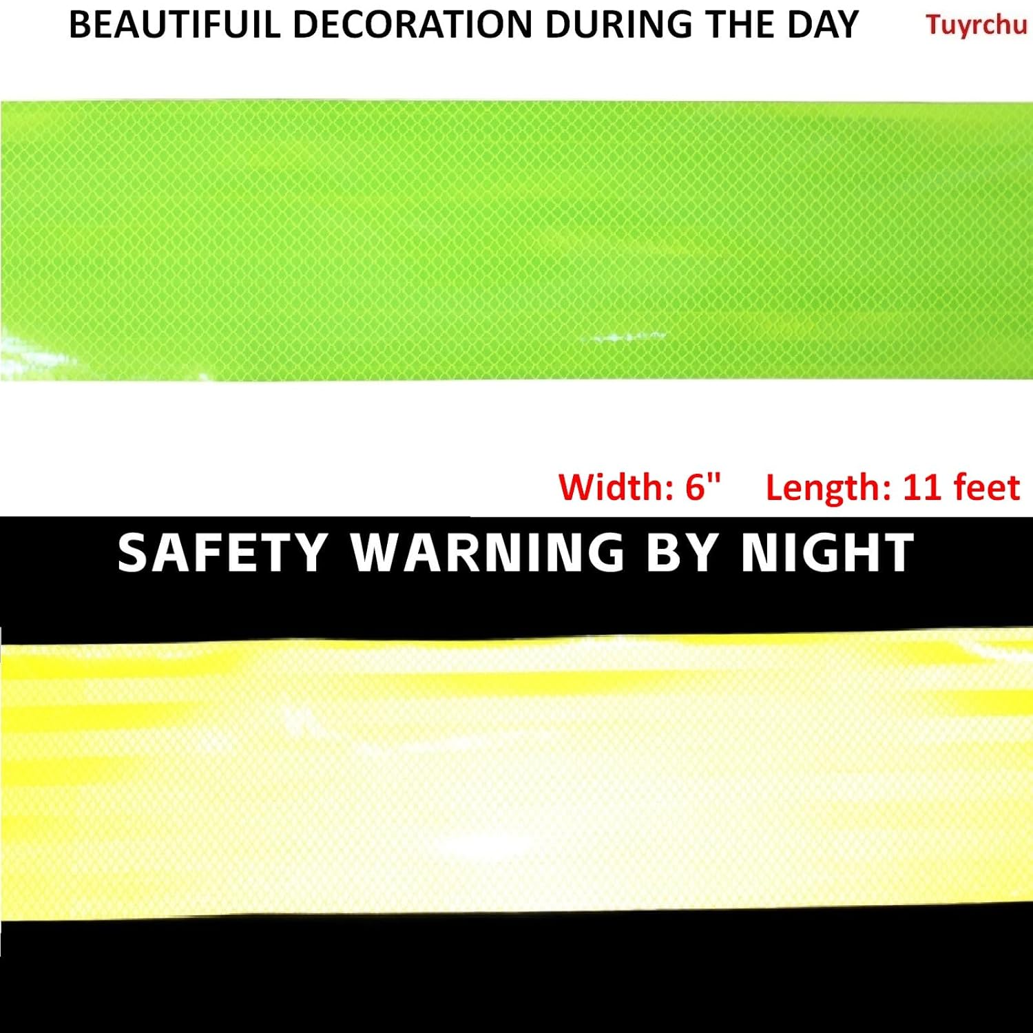 Non Fading Fluorescent Yellow Reflective Tape Outdoor Waterproof 6 inch, High Visibility Warning Safety Industrial Marking Tape (11 feet)