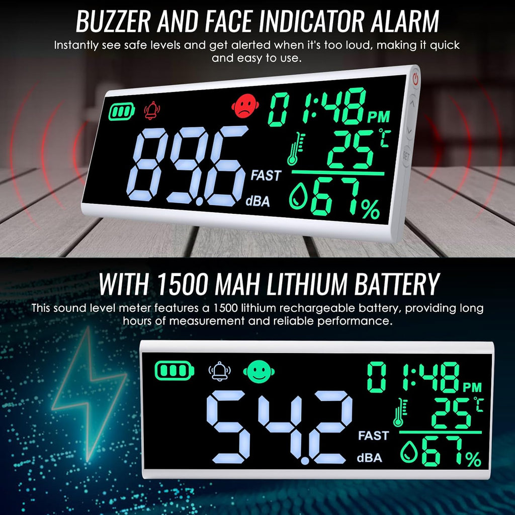 Decibel Meter 13 inches 30~130dB Sound Level Meter, Large LCD Display Wall Hanging Sound Gauge, Noise Level Detector, Decibel Monitoring Device, Time, Temperature, Humidity for Studio Classroom Home