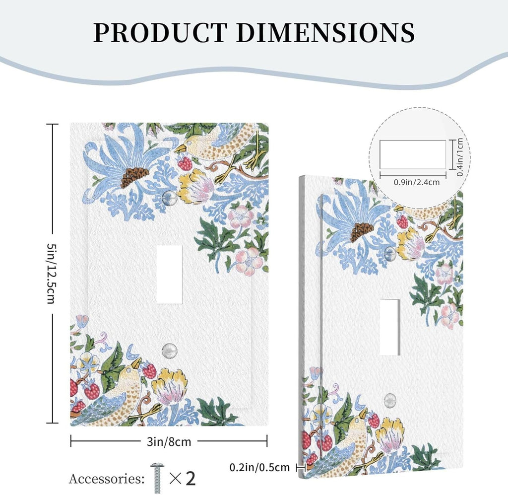 Decorative Light Switch Cover Plate Retro Morris Strawberry Rustic Plant Bird 1 Gang Wall Plate Oversized Single Toggle Wall Cover Plate Jumbo Electrical Switchplate Faceplate