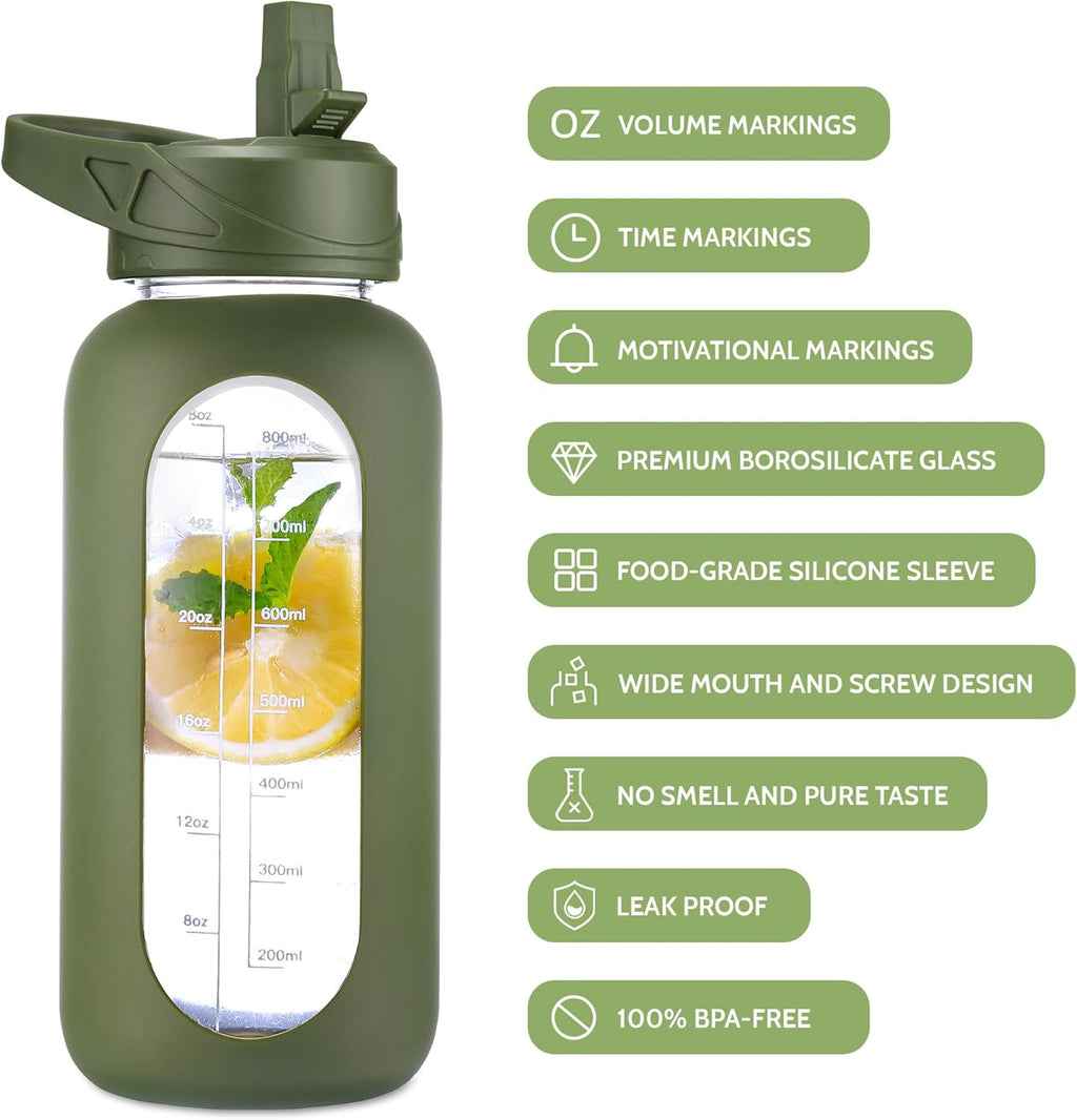 CIVAGO Half Gallon Glass Water Bottle with Straw and Insulated Bottle Holder Sling, 64 oz Motivational Water jug with Time Marker and Silicone Sleeve, Water Flask with 2 Lids, Mauve