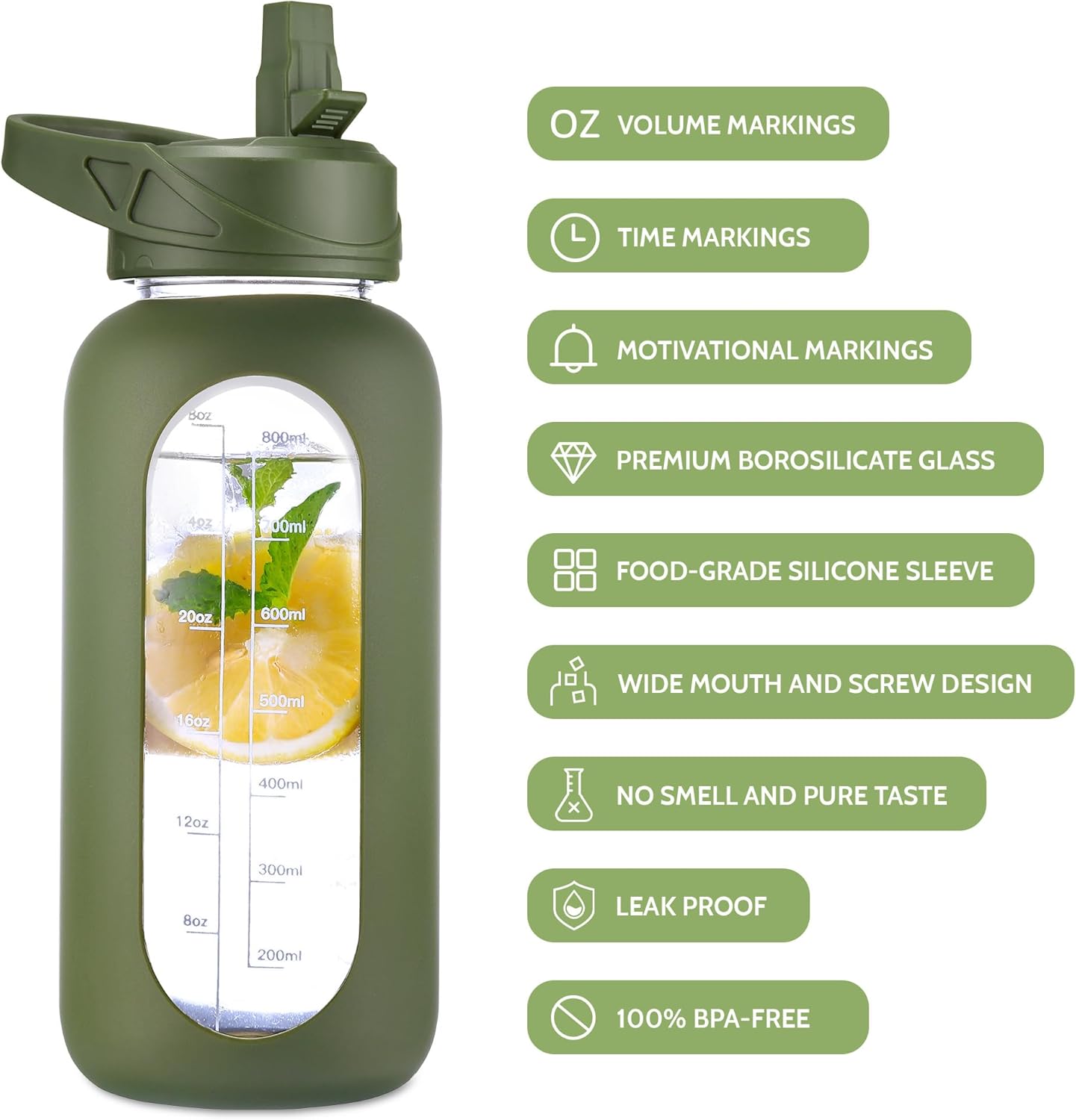 CIVAGO 32 oz Glass Water Bottle with Straw and Insulated Bottle Holder Sling, Motivational Water jug with Time Marker and Silicone Sleeve, Water Flask with 2 Lids for Walking and Gym Army Green