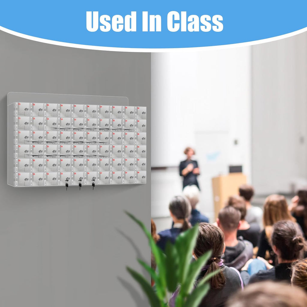 100 Slots Cell Phone Locker Acrylic Cell Phone Lock Box with Door Locks and Keys, Wall-Mounted Cell Phone Storage Cabinet for Office Classroom Gym Firms, Clear Lockers for Storage (Large 60 Slots)