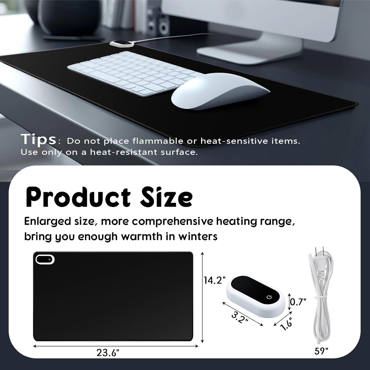 Konohan Heated Large Desk Mat PU Leather Warm Mouse Pad with 5 Heating Level & 4 Hour Auto Shut-Off Heating Keyboard Pad Warmer Gaming Mice Mat Only Supports 110v(Black Color,23.6"x 14.2")