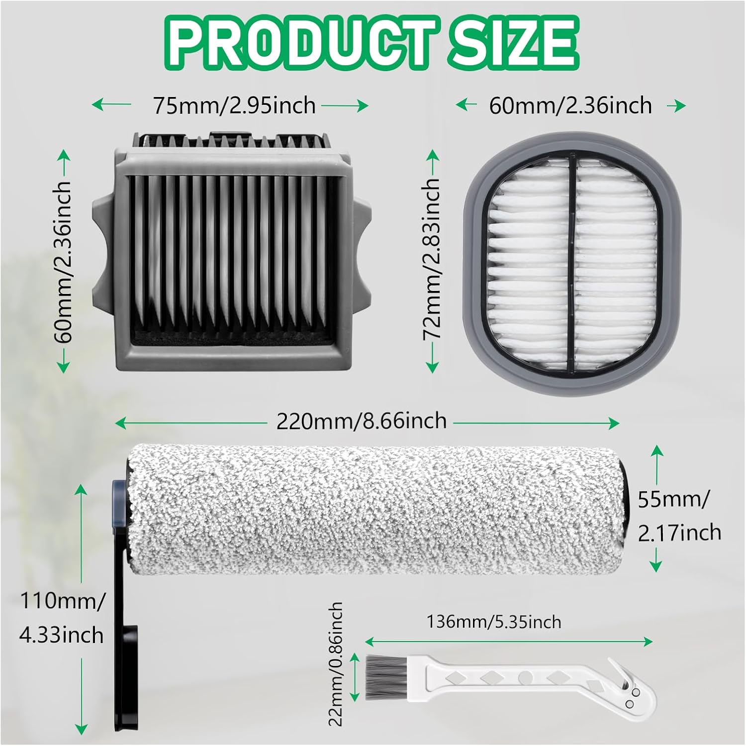 Only Floor ONE S5Combo Roller Brush Replacement and Vacuum Filter Kit Compatible with Tineco Floor ONE S5Combo Smart Wet Dry Vacuum Replacement Parts,2 Roller Brushes,2 HEPA Filters,1 Cleaner Brush