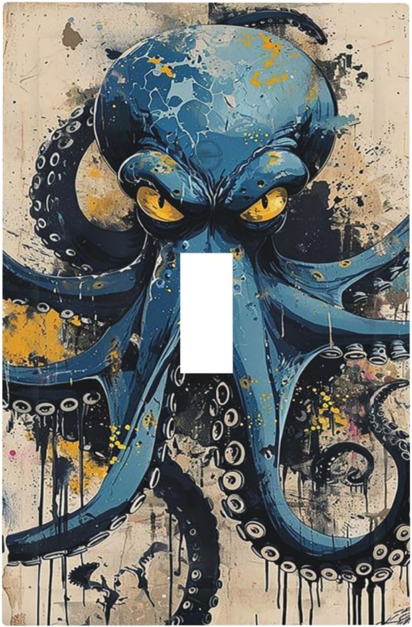 Decorative Light Switch Cover Nautical Vintage Blue Octopus Yellow Eyes Oil Watercolor 1 Gang Single Toggle Device Electrical Faceplate Switchplates Decorator Outlet Wall Plate for Kids room