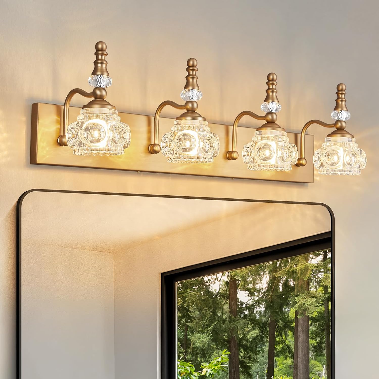 Modern Glass Crystal Vanity Light - Vintage Bathroom Lighting Fixtures Over Mirror, 4 Light Vanity Lights G9 Bulb (27.55 Inch,Brass)