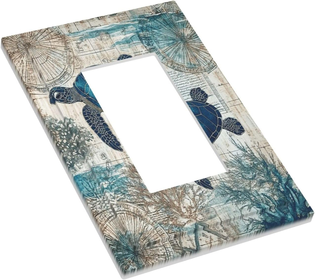 Blue Green Sea Turtle Tropical Ocean Coral Nautical Map Decorative Outlet Covers 1 Gang Single Rocker Light Switch Cover Plate Wall Plates Gfci Faceplate For Bed Room Bathroom Decor