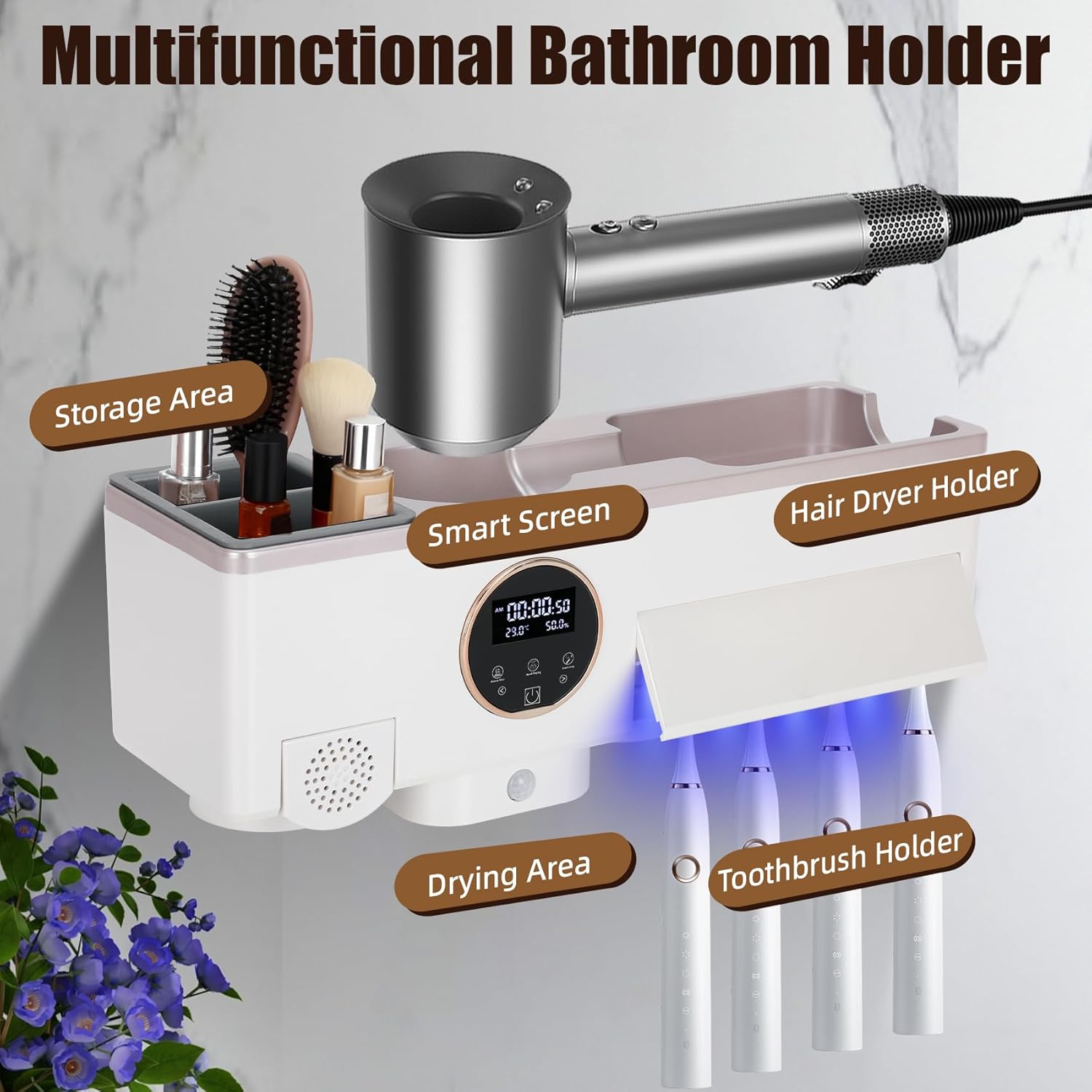 Toothbrush Holder Cleaner, Smart Automatic Toothbrush & White Hair Dryer Holder, Sensor Light, Touch Screen Timer, Bathroom Wall Accessories Organizer