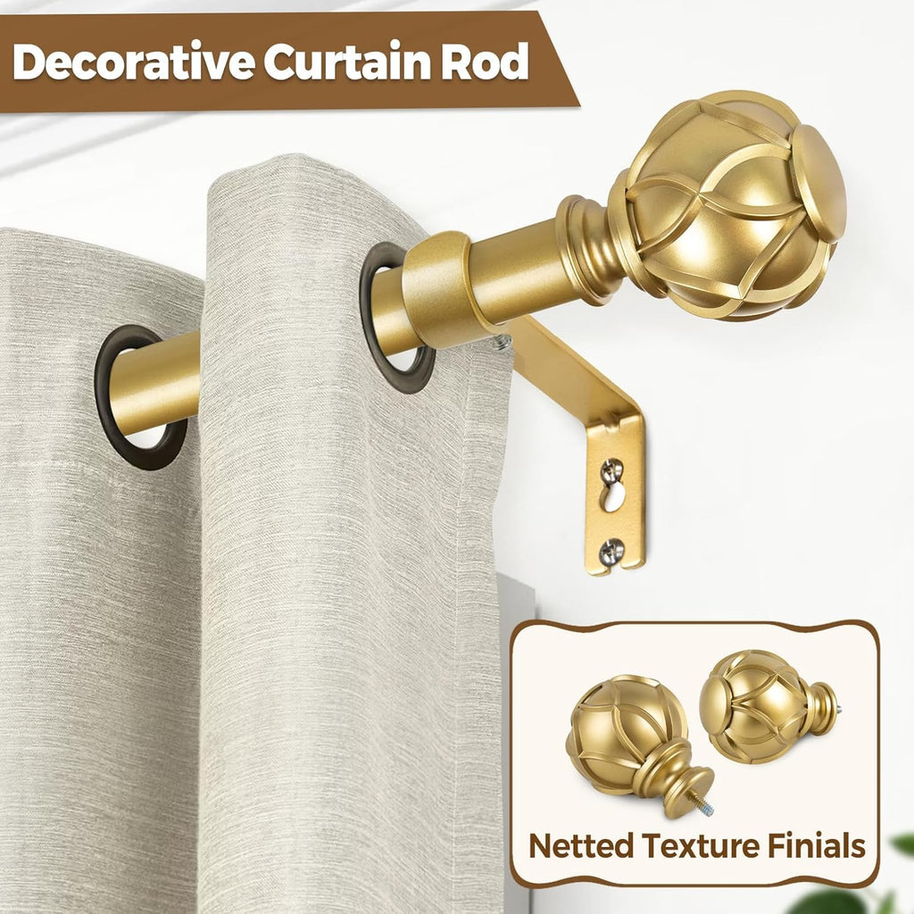 KAMANINA Gold Curtain Rod 32 to 58 Inch(2.6-4.8Ft), 7/8 Inch Single Adjustable Curtain Rods for Windows 28 to 48, Decorative Drapery Rods with Netted Texture Finials