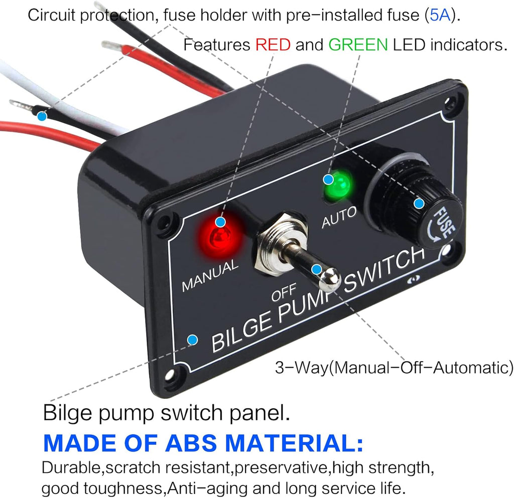 12V Bilge Pump Control Switch Panel 3 Way Manual/Off/Auto with LED Indicator 5A Fuse for Yacht Camper Truck Marine Boat