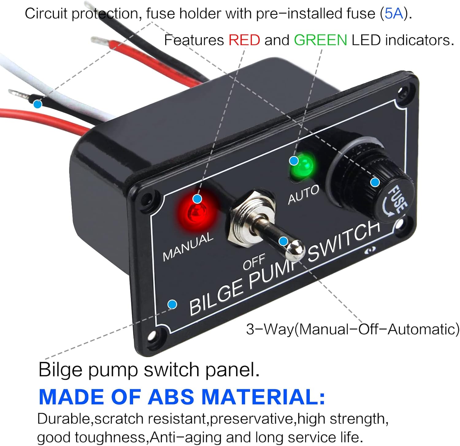 12V Bilge Pump Control Switch Panel 3 Way Manual/Off/Auto with LED Indicator 5A Fuse for Yacht Camper Truck Marine Boat