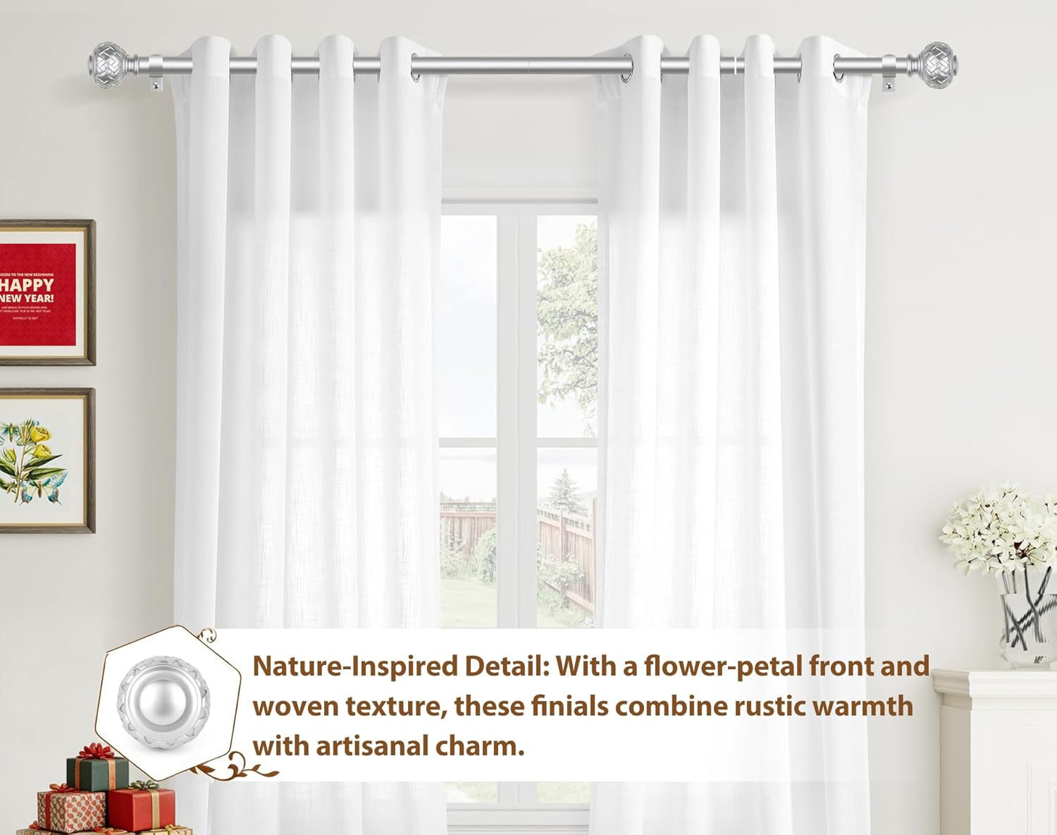 TONIAL Silver Curtain Rod 32 to 120 Inches, 7/8 Adjustable Curtain Rods for Windows 20 to 116 Inches, Splicing Drapery Rods Decorative with Netted Texture Finials