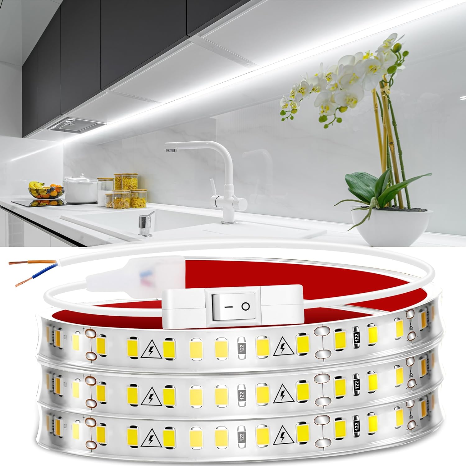 maylit Under Cabinet LED Strip Lighting Hardwired 48in, Ultra Bright Small LED Light Bar, 6000K Cool White, 110V-120V Wired Lights for Kitchen Cabinet, Counter, Workbench, Desk, Closet, Shelf, Indoor