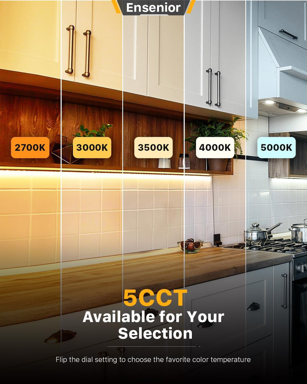 Ensenior 12 Inch LED Under Cabinet Lighting Hardwired, 5CCT, 8W 500LM, 2700K/3000K/3500K/4000K/5000K, Wired Under Cabinet Lights, Dimmable Under Counter Lights for Kitchen, FCC, 1 Pack