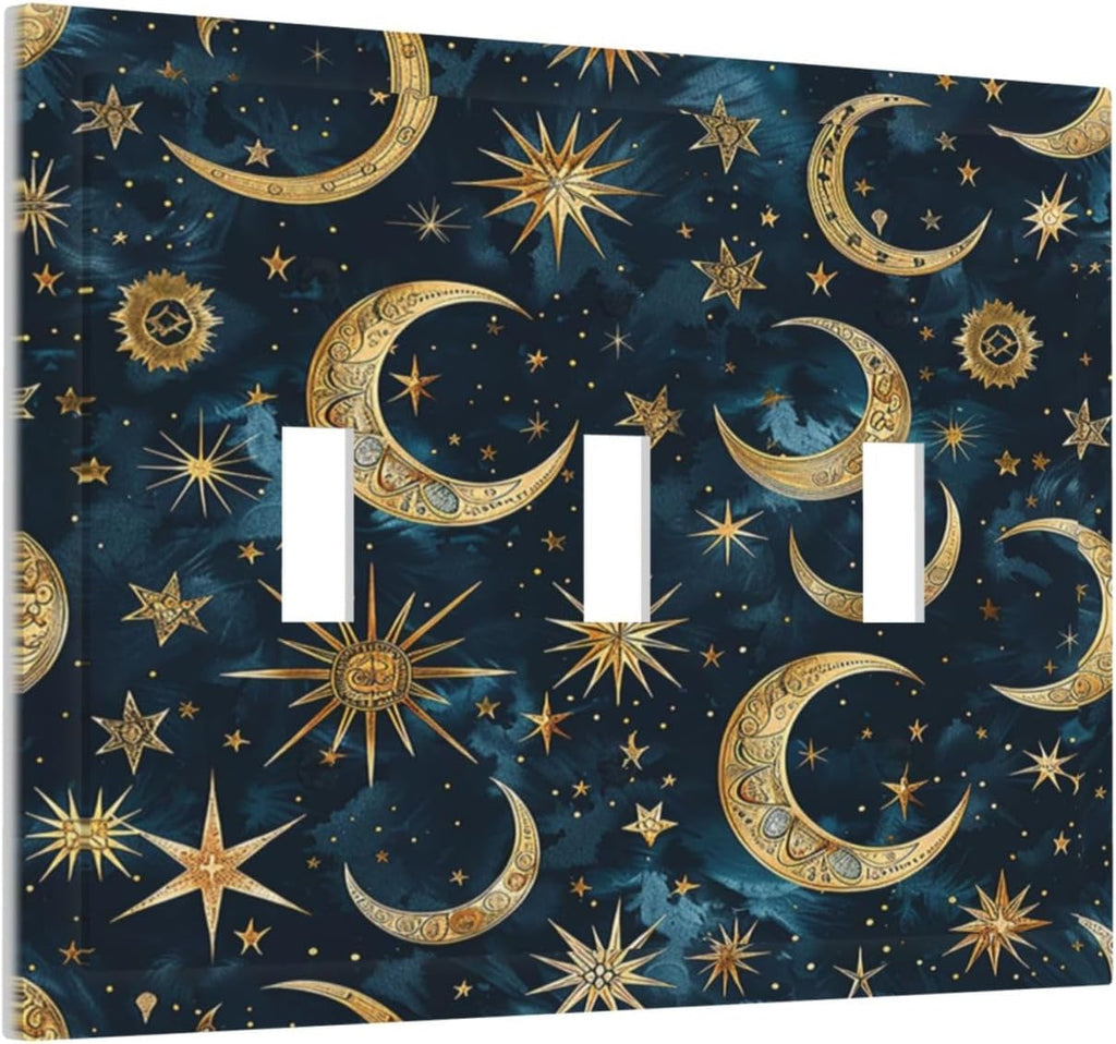 Decorative Switch Plates Modern Abstract Sky Blue Gold Moon Sun Star 3 Gang Wall Plate Triple Toggle Light Switch Cover Faceplate Electrical Wall Panels for Bedroom Kids room Decor