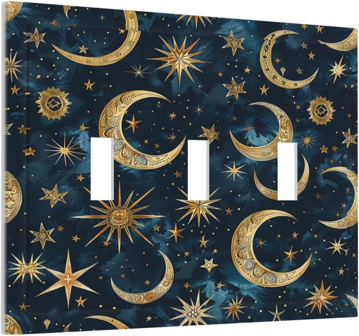 Decorative Switch Plates Modern Abstract Sky Blue Gold Moon Sun Star 3 Gang Wall Plate Triple Toggle Light Switch Cover Faceplate Electrical Wall Panels for Bedroom Kids room Decor