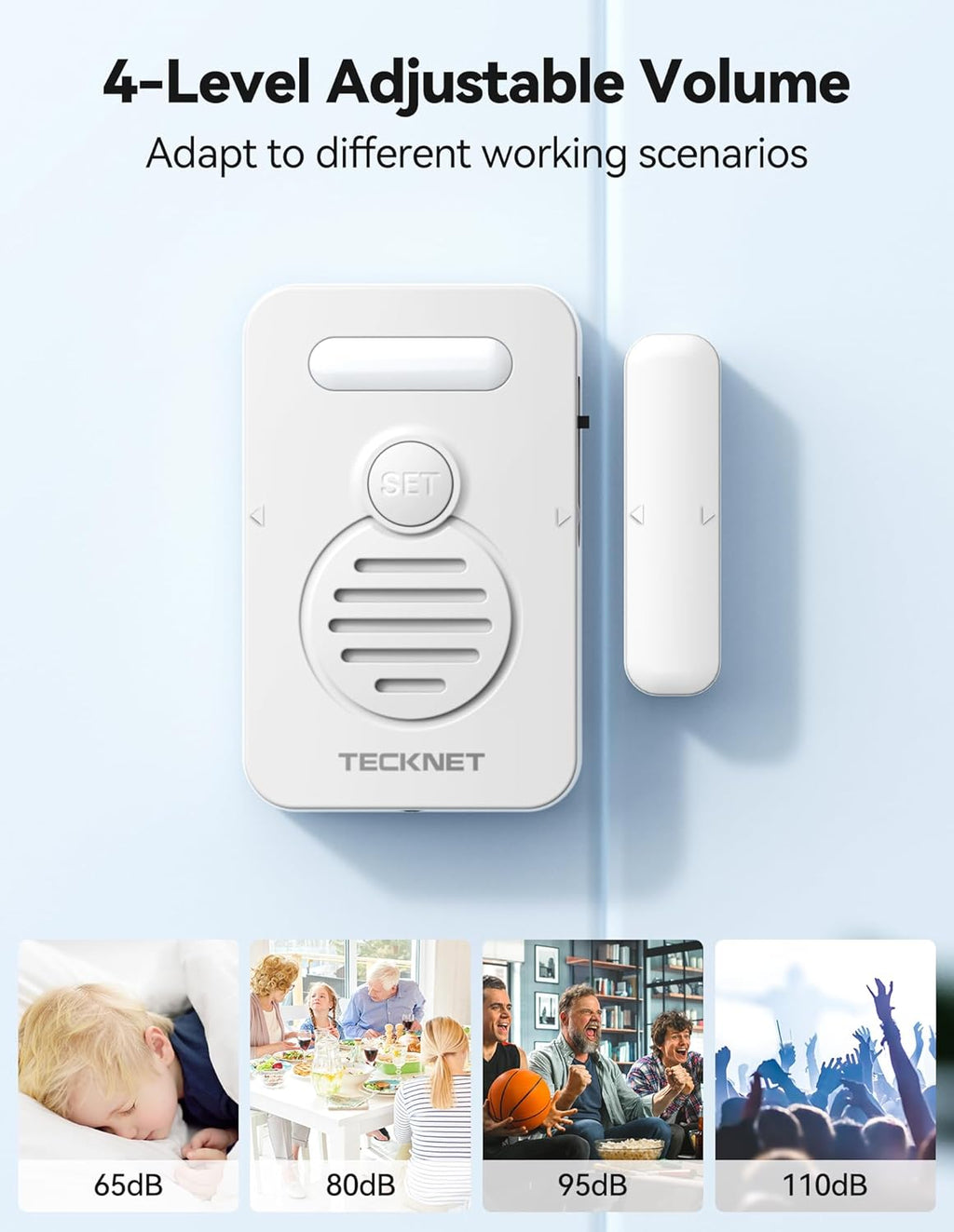 TECKNET Door Alarms for Kids Safety, Window Alarm with Smart Voice Alert, 4-Level Adjustable Volume, Refrigerator Sensor Pool Alarm Door Alarms when opened for Home Security、Fridge、Garage and Basement