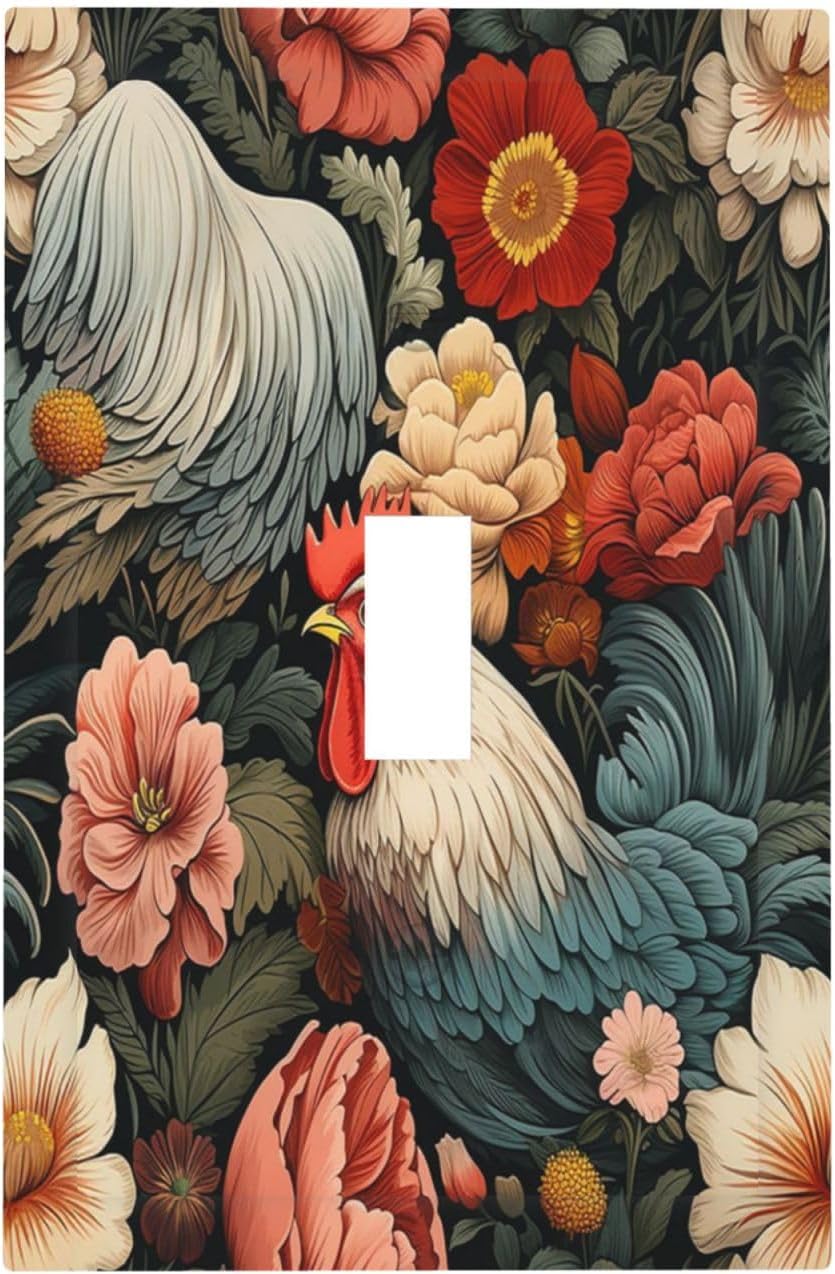 Decorative Light Switch Cover Rooster Flowers Red White Chicken Floral 1 Gang Single Toggle Device Electrical Faceplate Switchplates Decorator Outlet Wall Plate for living Room Farmhouse