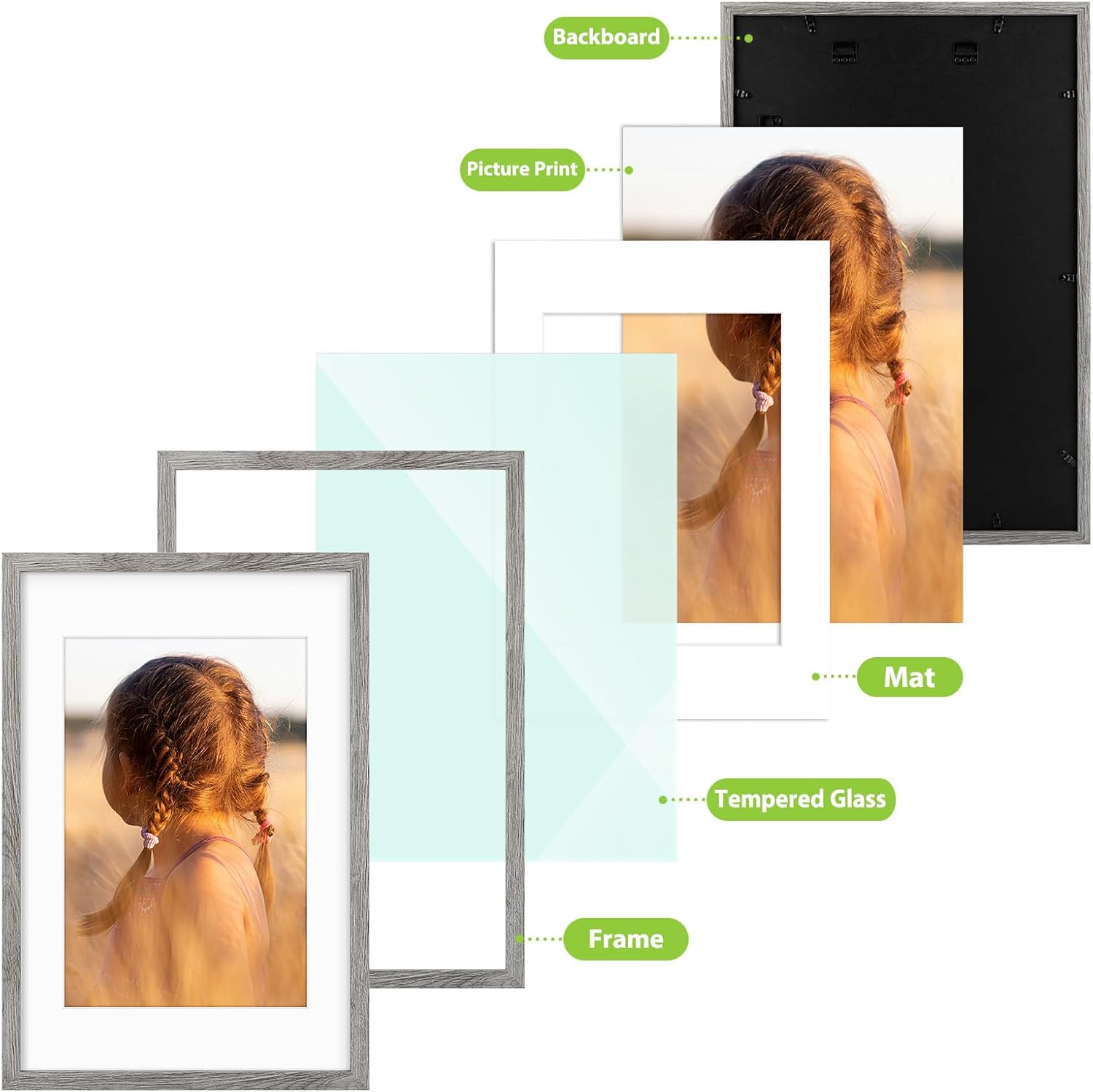 Golden State Art, 16X24 Picture Frame with Mat for 12X18 - High Definition Glass Wall Mounting Horizontal Vertical Display (Gray, 1 Pack)