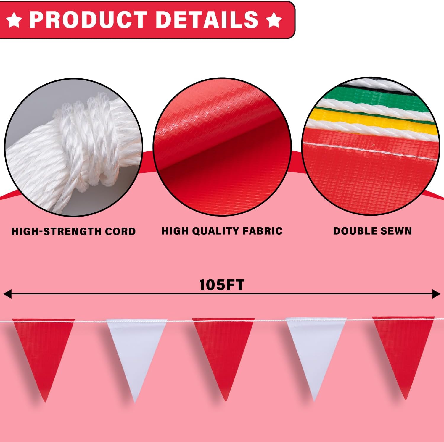 XIFAN Red and White Multicolor Pennant Banner Flags 7''x10'' Waring Safety Rooftop Flagging Barrier - 105FT 45 Flags String