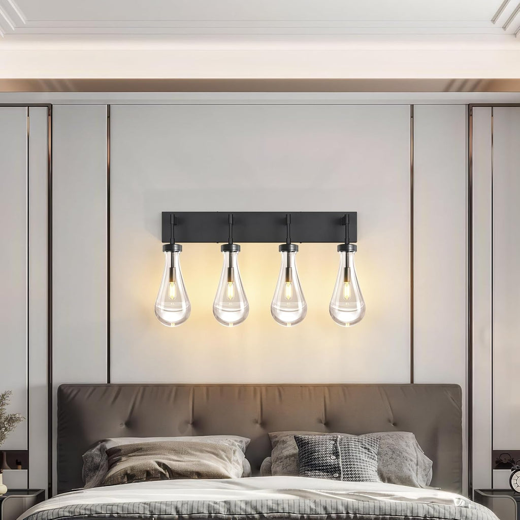Raindrop Wall Sconces Black Crystal Sconces Wall Decor Modern Lighting Glass Bathroom Sconces Indoor Vanity Light Wall Lamp for Bedroom Living Room Stair(4-Light)