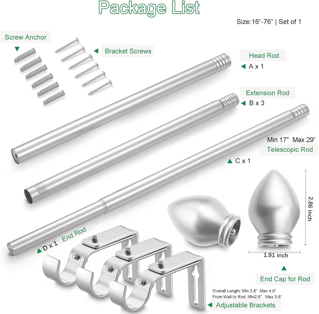 Curtain Rods for Windows 16 to 76 inches, Curtain Rod Max Adjustable Length to 88 in, Drapery Rod 1 inch Diameter with Modern Knobs Finials (Satin Silver, 16" to 76" - Set of 1)