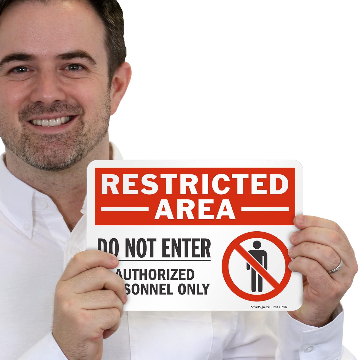 SmartSign 7 x 10 inch “Restricted Area - Do Not Enter, Authorized Personnel Only” Sticker Label with Symbol, 3 mil Laminated Adhesive Polyester, Red, White and Black, Made in USA
