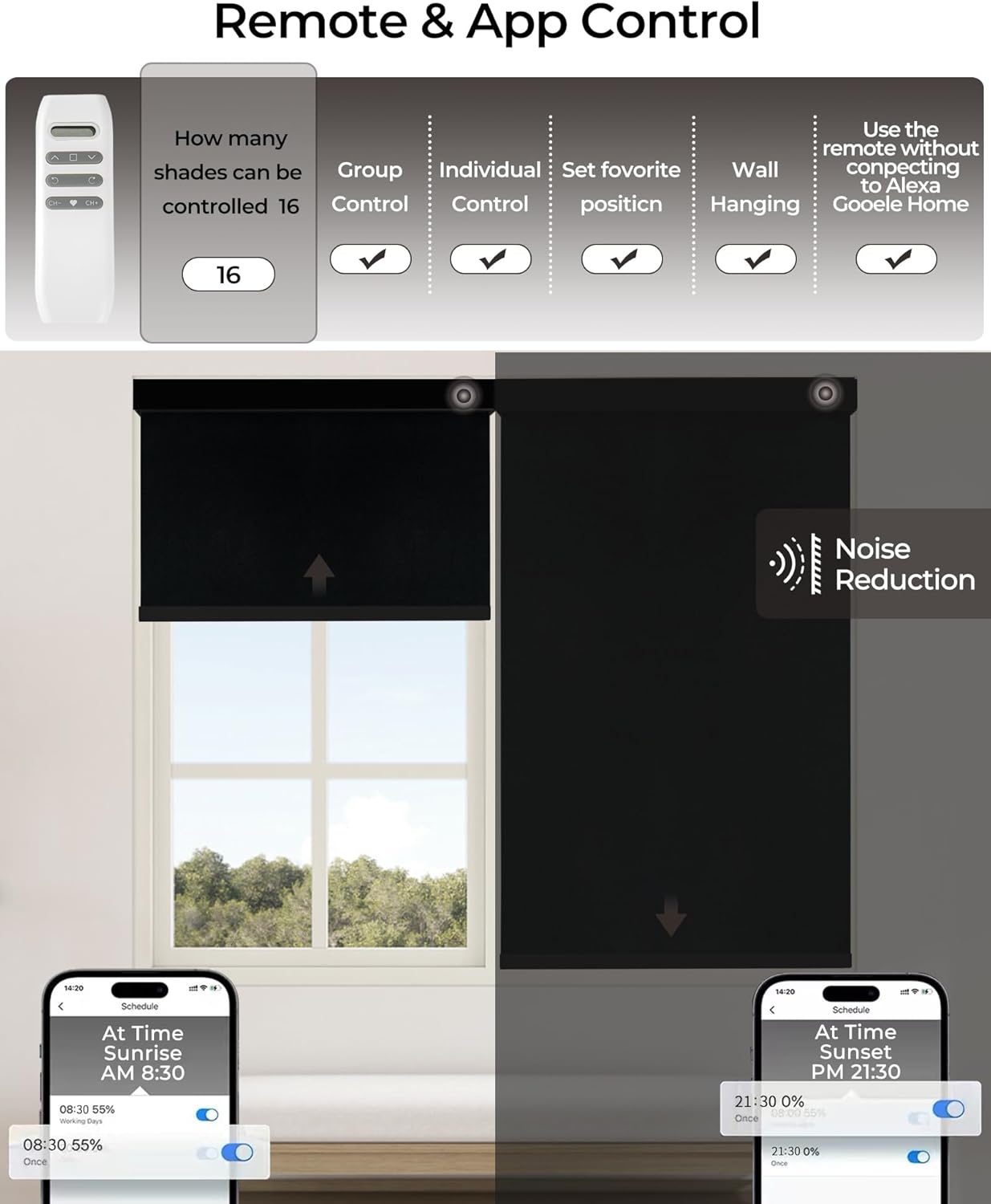 Motorized Roller Shade with Remote Control, 100% Blackout Electric 21-98” Width Blinds for Windows with Alexa Google Home, Rechargeable Smart Automatic Customized Size（Waterproof-Black）