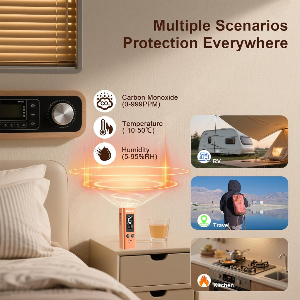 Portable Carbon Monoxide Detector for Travel, 3-in-1 CO Detector with Temperature & Humidity Sensor, Dual Audible & Visual Alarm Camping, RV and Hotel for Safety