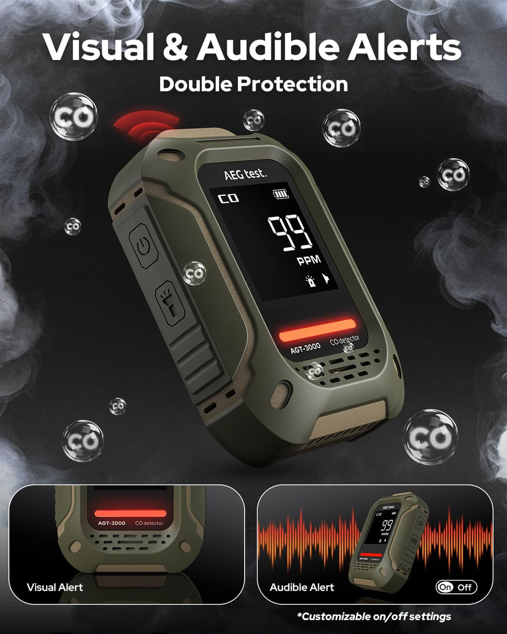 AGT-3000 Portable Carbon Monoxide Detector, 240H Standby, Upgraded CO Sensor for Travel, Rechargeable CO Detector with Audible & Visual Alerts, CO Meter for Camping, 0-1000ppm