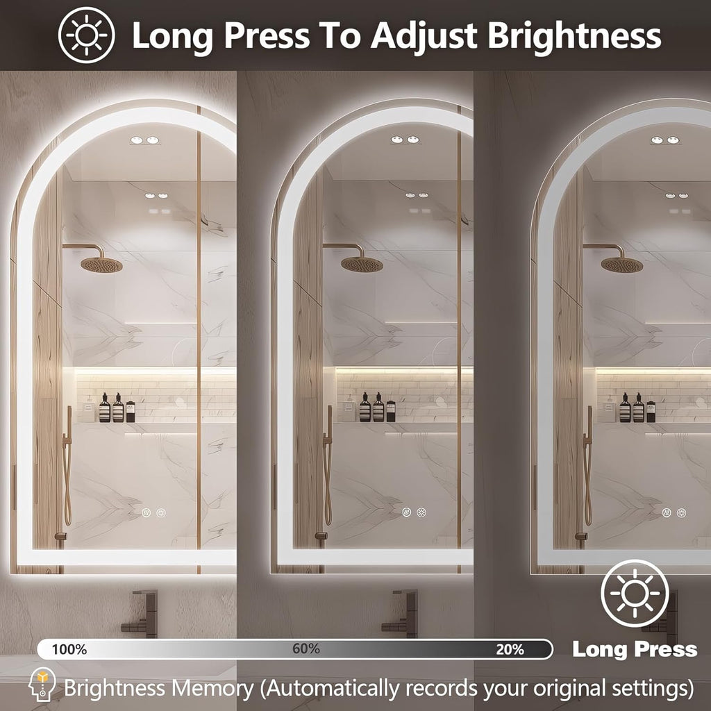 Niccy Arched LED Bathroom Mirror, 33x20 Arch Wall Mounted Frameless Bathroom Mirror for Vanity, Smart Lighted Frontlit Mirrors with Memory Function for Bathroom Bedroom Beauty Hair Salon