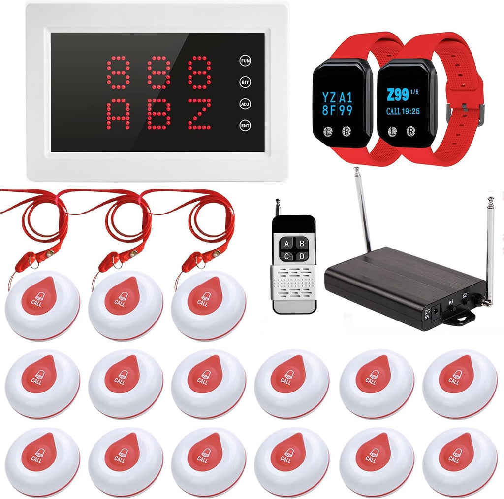 Caregiver Pager System Nurse Calling System 1200+ft Wireless Calling System with 1 Display Receiver/2 Watch Pagers/1 Signal Amplifier/15 Call Buttons for Clinic/Hospital/Nurses Station/Home