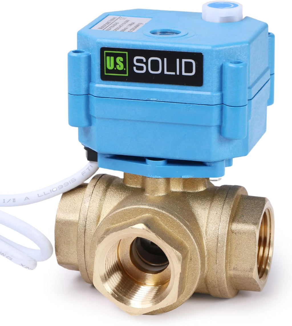 U.S. Solid 3/4" 3 Way Brass Motorized Ball Valve 110-230VAC, L Type Water Shutoff Valve with Manual Function, Standard Port, NOT for Drinking Water