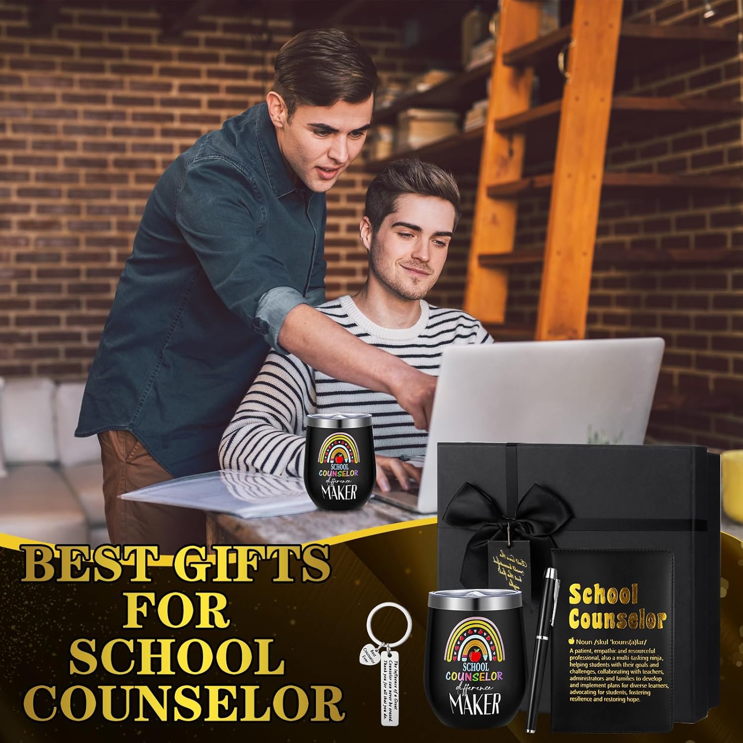 6 Pcs School Counselor Appreciation Gifts for Men Counselor Thank You Gifts 12 oz Stainless Steel Cup Socks Keychain Pen Notebook Box for School Counsellor Guidance Counseling Teacher