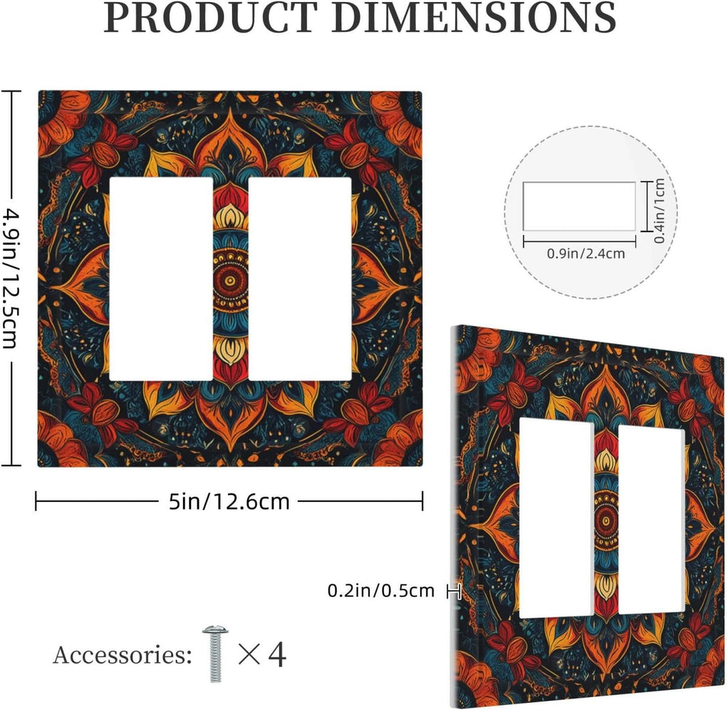 Boho Colorful Mandala Outlet Covers Light Switch Cover Plate 2 Gang Double Rocker Wall Plates Decorative Switch Plates Plug Cover Electrical GFCI Receptacle Cover for Home 4.9 X 5 IN
