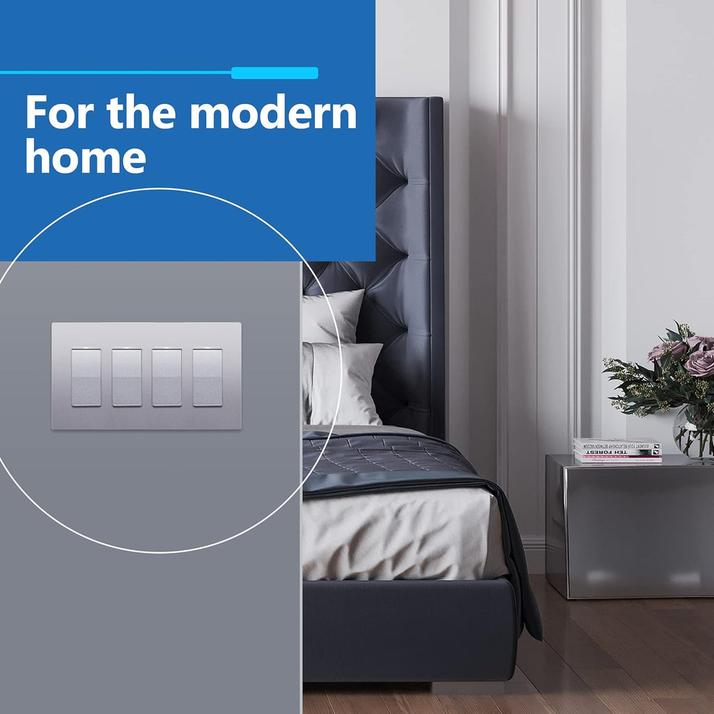 LIDER Matte Finish Decorator Switch Cover, Screwless Wall Plate, Mid-Size 4-Gang 4.88" x 8.58", Unbreakable Polycarbonate Thermoplastic, UL Listed, LSWP-34M-SV, Silver